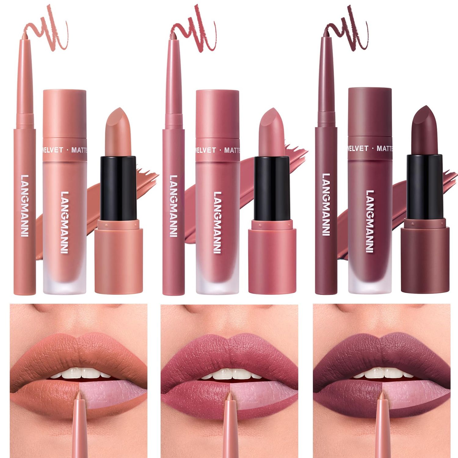 LANGMANNI 3 in 1 Matte Velvet Lipstick Set-Lip Liner,Lip Gloss and Lipstick Combo,Perfect for Natural Lip Contour,Waterproof And Longlasting Effect Lip Makeup,Unique Festival Gift (#020406)