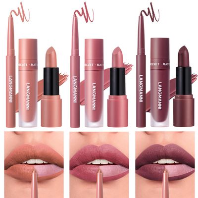 LANGMANNI 3 in 1 Matte Velvet Lipstick Set-Lip Liner,Lip Gloss and Lipstick Combo,Perfect for Natural Lip Contour,Waterproof And Longlasting Effect Lip Makeup,Unique Festival Gift (#020406)