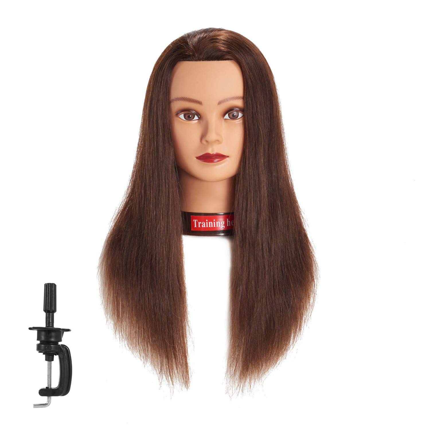 Traininghead 20-22&quot; Female 100% Human Hair Mannequin Head Hair Styling Training Head Cosmetology Manikin Head Doll Head for Hairdresser with Free Clamp (brown)14-16&#39;&#39;