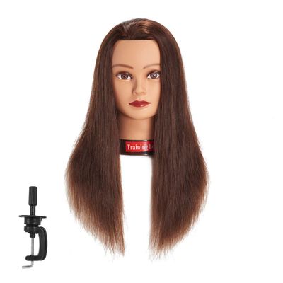 Traininghead 20-22&quot; Female 100% Human Hair Mannequin Head Hair Styling Training Head Cosmetology Manikin Head Doll Head for Hairdresser with Free Clamp (brown)14-16&#39;&#39;