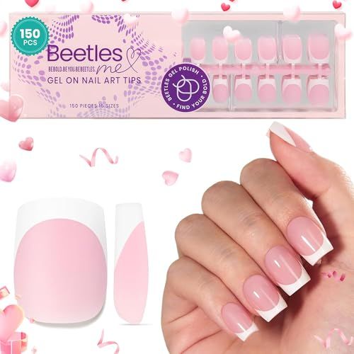 Beetles French Tip Press On Nails Valentines Day Gifts for Her 150 Pcs Pink Short Square Press On Nails 4 in 1 Nail Tips, Pre-Applied Primer &amp; Base Coat, No File Need DIY Manicure for Nail Extension