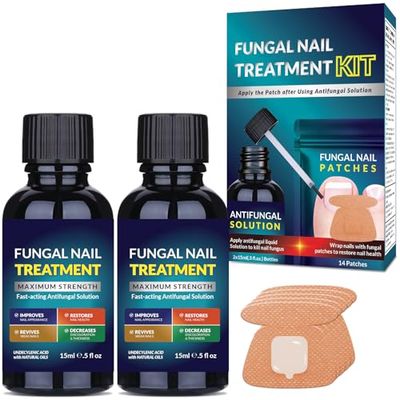 Toenail Fungus Treatment Extra Strength Kit Nail Repair Liquid Solution and Patches - Nighttime Nail Patches Renewal - Fast Acting Drops with Undecylenic Acid, Natural Oil for Toe Finger Nails