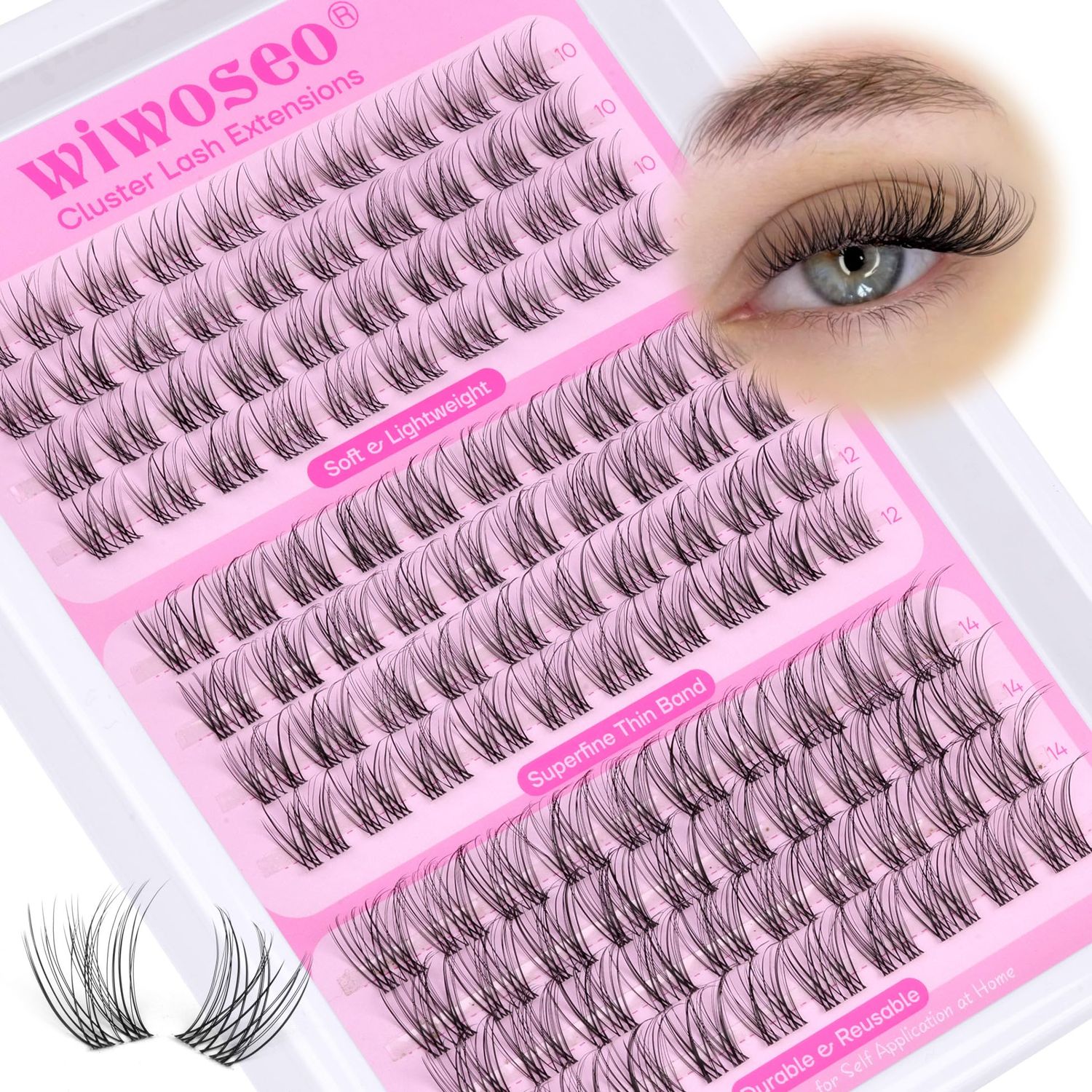 wiwoseo Invisible Band Lash Clusters Natural Eyelash Clusters Wispy Cluster Eyelash Extensions Clusters Lashes Natural Look Eyelashes Natural Lash Clusters Clear Band Lashes for Beginners (10-14MM)