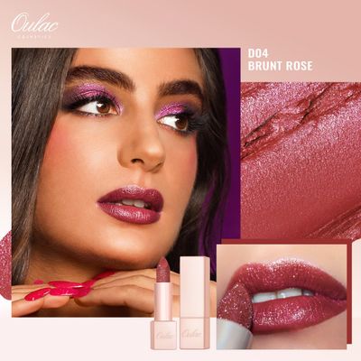 Oulac Shimmer Rose Lipstick for Women, Infinity High Shine Finish, Hydrating Lip Color Infused with Damask Rose Oil for All-Day Comfort, Gluten-Free Vegan Beauty, D04 Brunt Rose