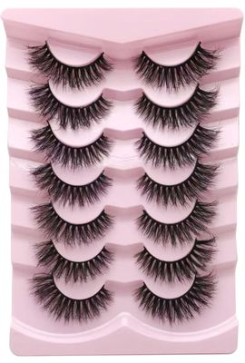 PAVONNE False Eyelashes Fluffy Mink Lashes Cat-Eye Look 15MM Black Wispy Long 8D Volume Fake Eyelash Strips 7 Pairs Pack