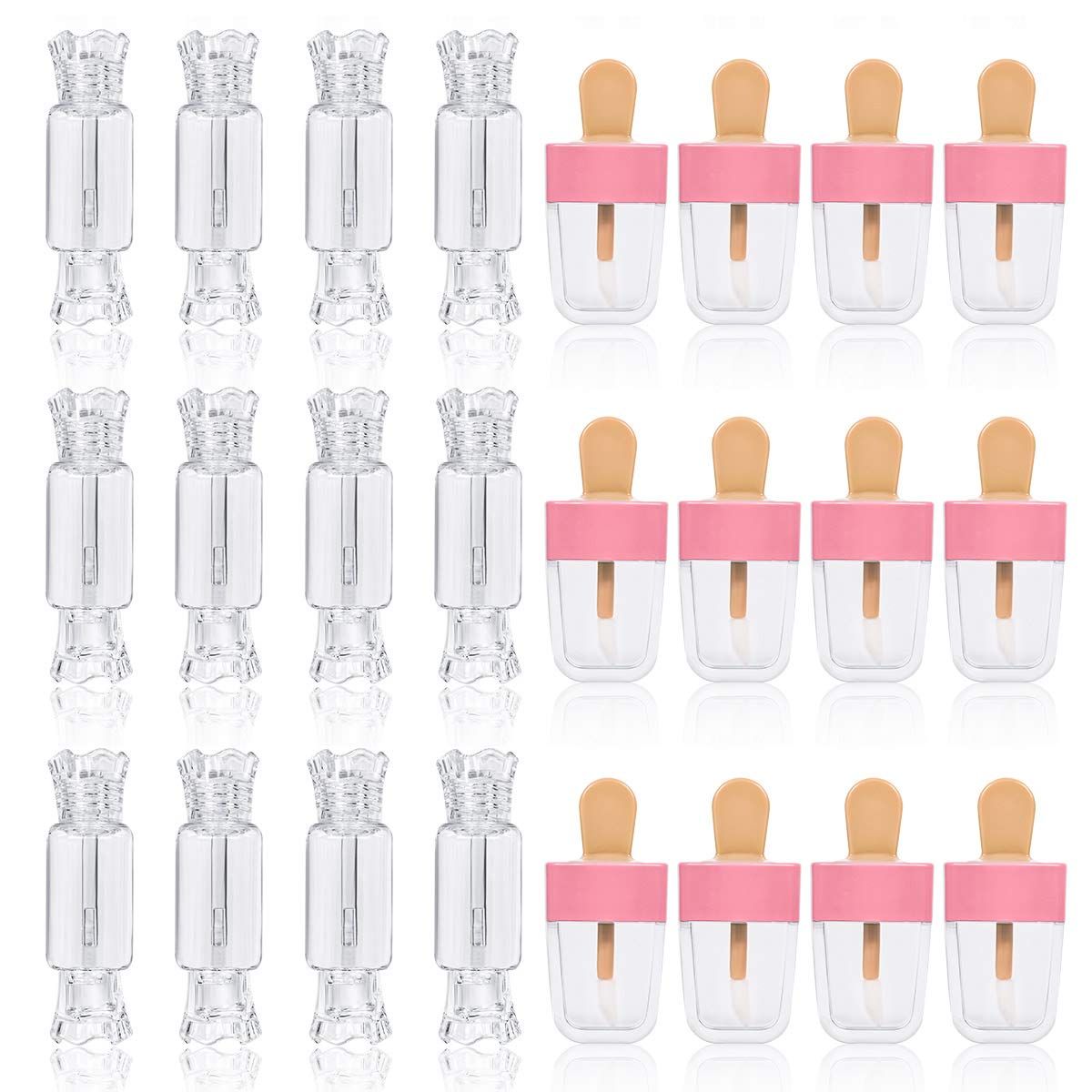 24PCS Lip Gloss Tubes - Candy Ice Cream Shape Lip Gloss Containers Empty - Refillable Clear LipglossLip Balm Containers for Girls Women DIY Cosmetics (12 candy and 12 ice cream)