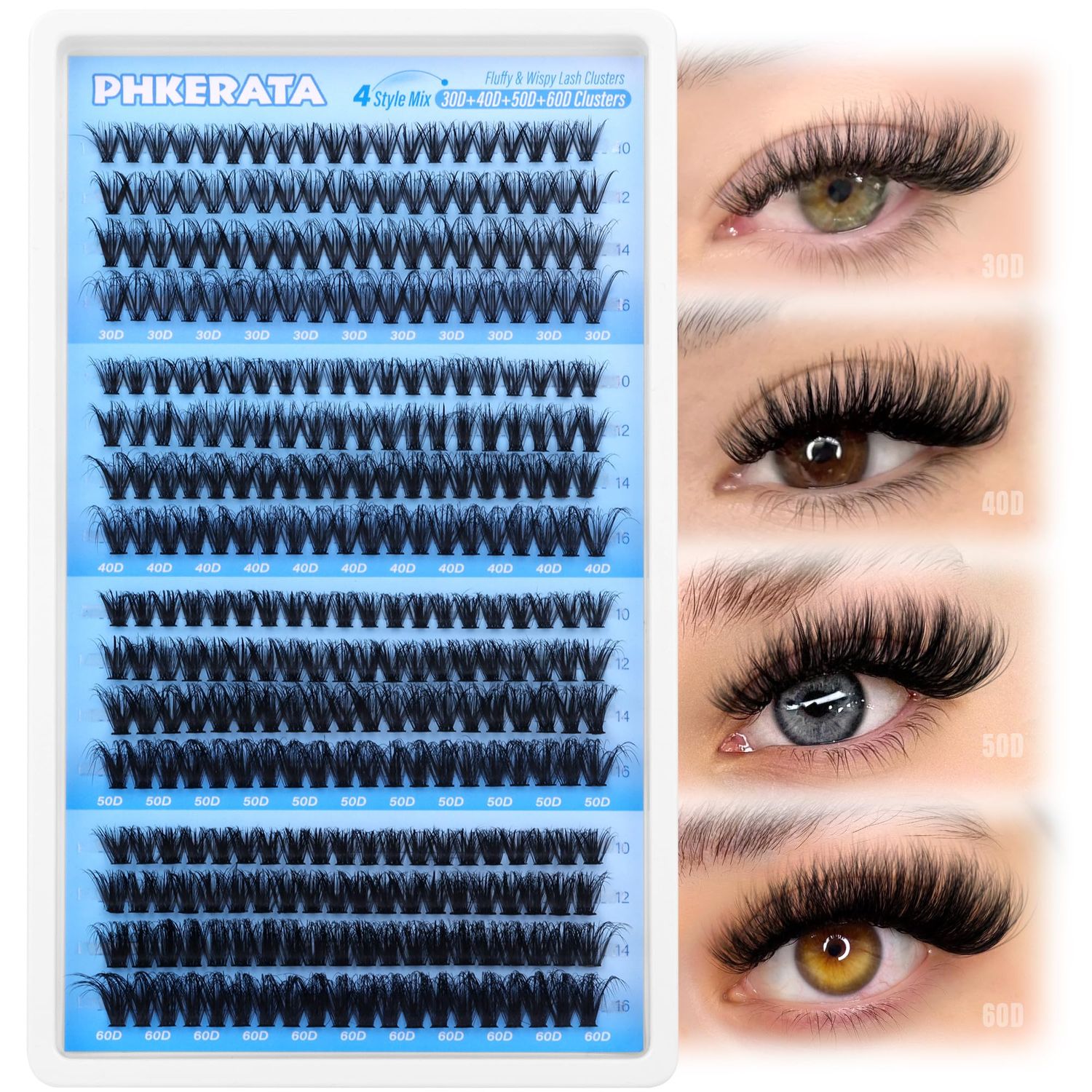 PHKERATA Fluffy Lash Clusters Wispy Eyelash Clusters 30D40D50D60D Lashes Clusters 320pcs 4 Style Mix Natural Cluster Eyelash Extension DIY Individual Lashes D Curl False Eyelashes, 10-16mm