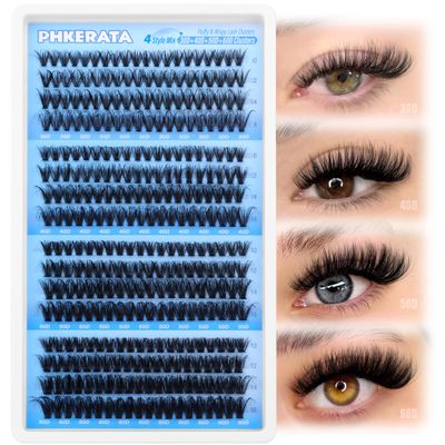 PHKERATA Fluffy Lash Clusters Wispy Eyelash Clusters 30D40D50D60D Lashes Clusters 320pcs 4 Style Mix Natural Cluster Eyelash Extension DIY Individual Lashes D Curl False Eyelashes, 10-16mm