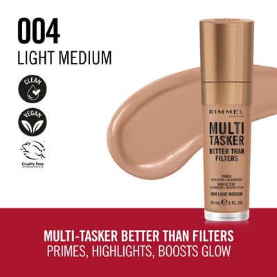 Rimmel Multi-Tasker Better Than Filters, 004 Light Medium, Face Primer, Glow Booster and Highlighter, Vegan Formula, Anti-Ageing Benefits, Light-Reflecting Pigments, Giant Soft-Touch Wand, 1oz