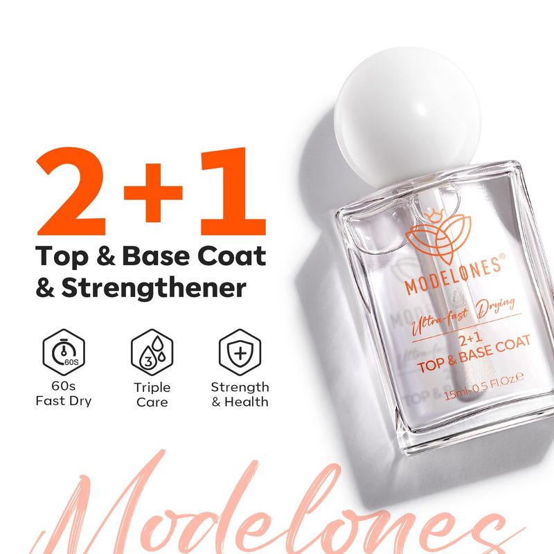 modelones 3 IN One Nail Polish Base Top Coat Nail Strengthener and Growth, 15 ml Quick Dry Clear Nail Lacquer Long Last Shine Chip Fade Resistant Nails Protect Care, Gift for Women Girls 0.5 Fl Oz