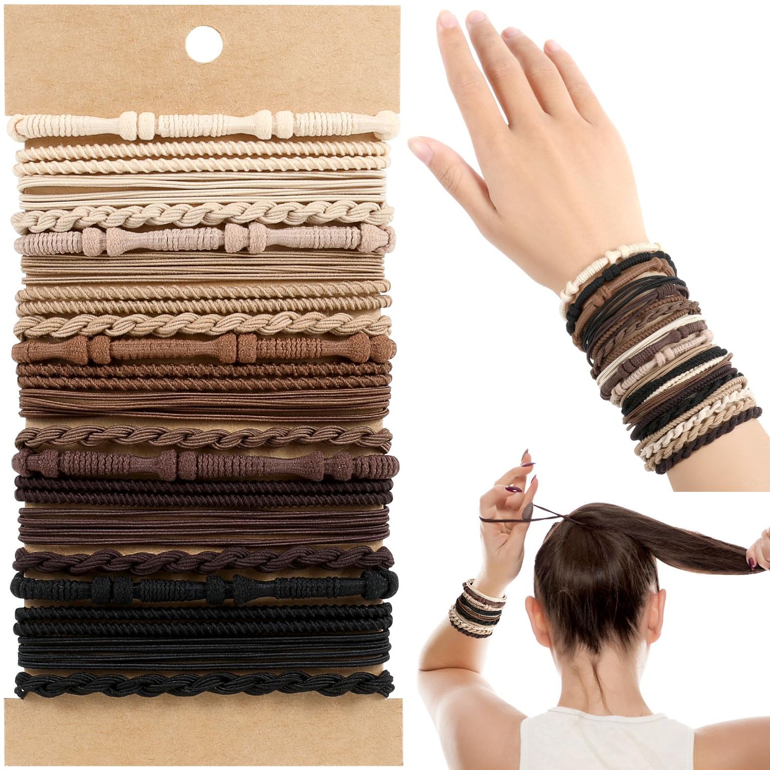 OHCISP Boho Hair Ties, 20 PCS of 4 Styles Cute Bands for Thick or Thin Hair, No Damage Elastic Bracelets, Brown Hair Accessories for Girls and Women