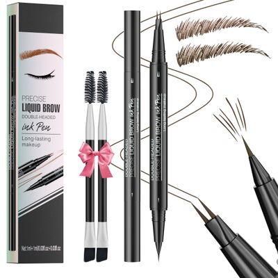 NinjaTiger Eyebrow Pencil Brow Pen - 2-Pack 2-IN-1 Dual-Ended Eye Brow Pencils 2-Fork-Tip Microblading Eyebrow Pen for Women Waterproof Eyebrow Pen with Brow Brushes Dark Brown  Black Brown