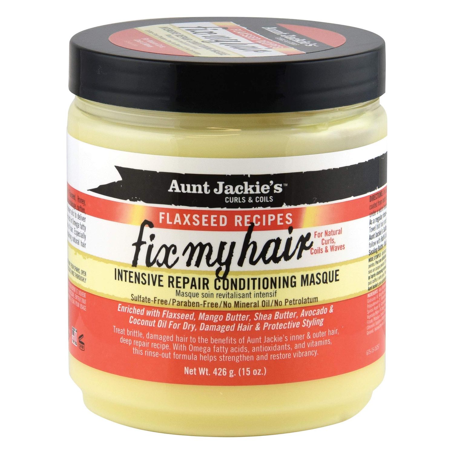 Aunt Jackie&#39;s Flaxseed Recipes Fix My Hair, Intensive Repair Conditioning Masque, Helps Prevent and Repair Damaged Hair, 15 Ounce jar