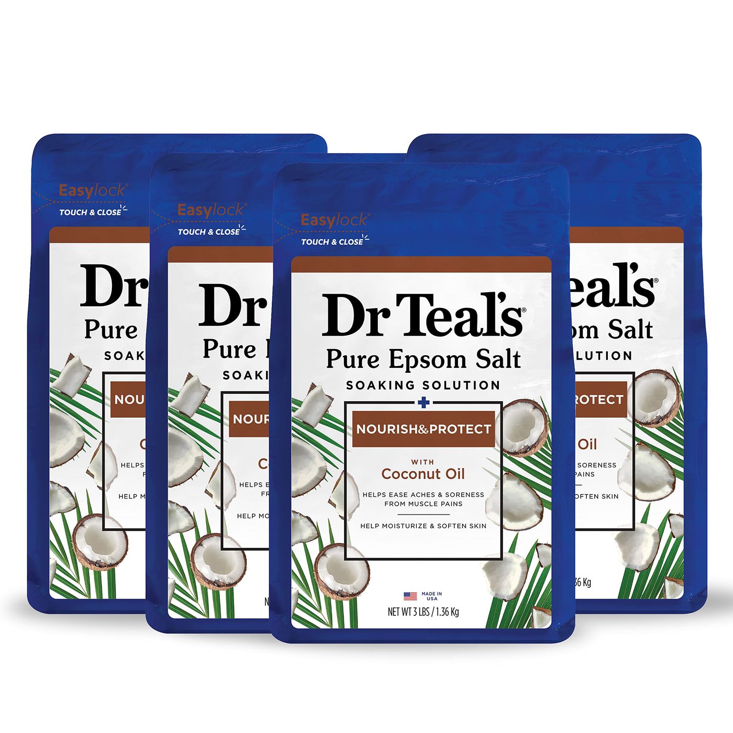 Dr Teal&#39;s Epsom Salt Magnesium Soak, Nourish &amp; Protect with Coconut Oil, 3 lbs (Pack of 4)