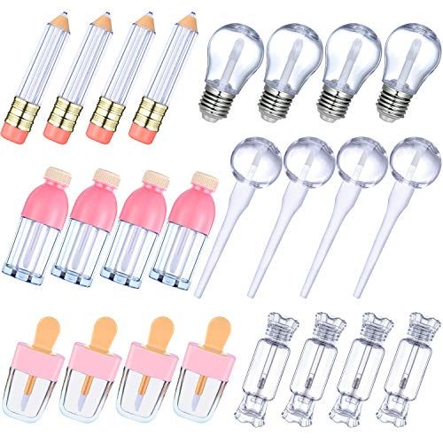 Maitys 24 Pieces Novelty Empty Lip Gloss Tubes, Ice Cream and Funny Light Bulb Shaped Lip Balm Tube, Creative Lollipop Shape, Bottle and Candy Shaped Lip Glaze Tube, Pencil Lip Oil Bottles, 6 Styles