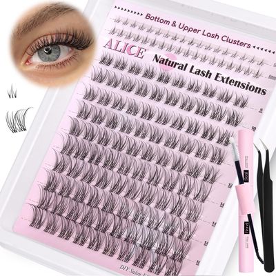 ALICE Lash Clusters Kit Clear Band Natural Lash Extensions Kit 5-16mm Wispy Cluster Eyelash Extension D Curl DIY Invisible Band Individual Cluster Lashes with Bottom Lash Bond and Seal Waterproof