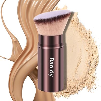 Makeup Brush Kabuki Face Brushes Retractable Travel Blush Kabuki Brush Portable Flawless for Foundation, Powder Blush, Bronzer, Buffing, Liquid, Cream, Cruelty Free with Cover(Brown)