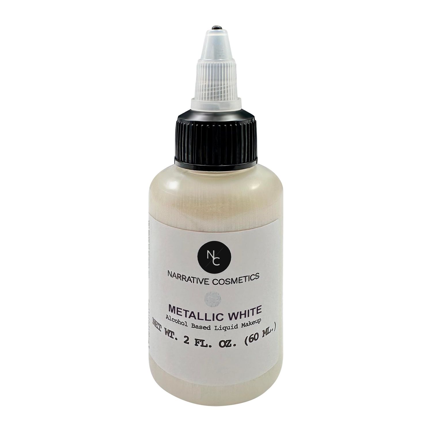 Narrative Cosmetics Metallic Alcohol Airbrush Paints - 2 fl oz, Skin Safe, Quick Dry, Waterproof, Sweatproof, Transferproof Liquid Makeup for Bodypainting, Theater, FX Makeup - Metallic White