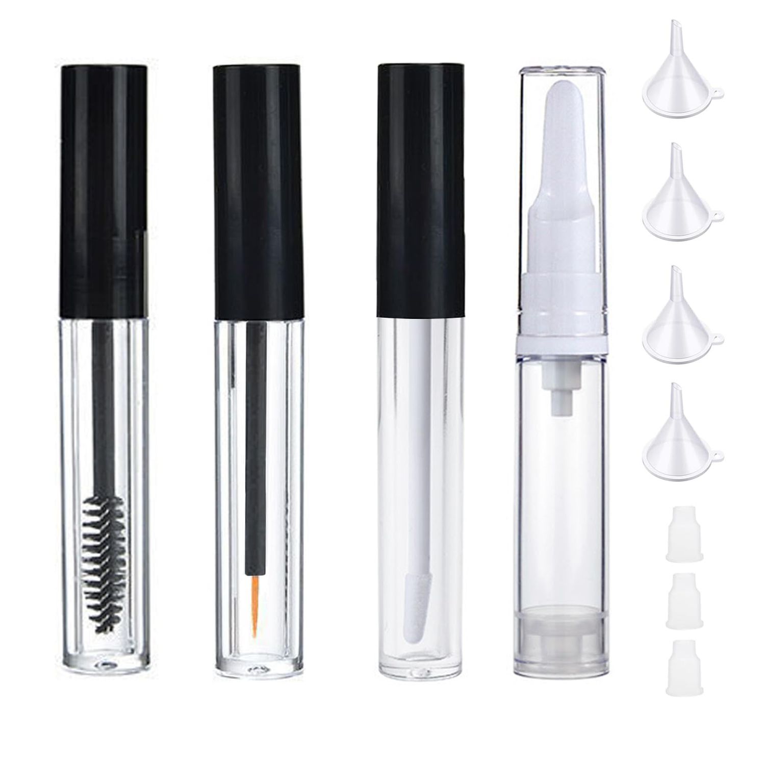 10ml Empty Mascara Tube and Wand, Lip Gloss Tubes with Wand, Eyeliner Tube with Rubber Inserts and Funnels, Airless Pump Bottles Travel Foundation Container (4 Pack)
