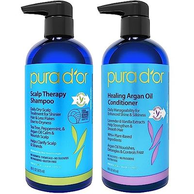 PURA D&#39;OR Scalp Therapy Shampoo &amp; Conditioner Set (16oz x 2) Dry, Itchy Scalp-Hydrates &amp; Nourishes Hair wTea Tree, Peppermint, Argan Oil &amp; Biotin, All Hair Type, 3 in 1, Men Women (Packaging Varies)