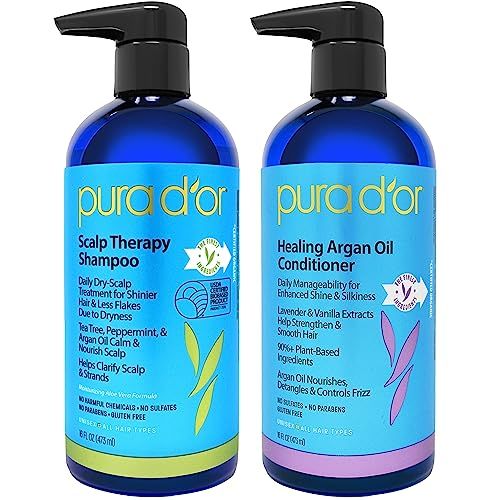 PURA D'OR Scalp Therapy Shampoo &amp; Conditioner Set (16oz x 2) Dry, Itchy Scalp-Hydrates &amp; Nourishes Hair wTea Tree, Peppermint, Argan Oil &amp; Biotin, All Hair Type, 3 in 1, Men Women (Packaging Varies)