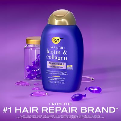 OGX Thick & Full Biotin & Collagen Volumizing Conditioner, Nutrient-Infused Conditioner with Vitamin B7 Biotin Gives Hair Volume & Body for 72 Hours, Sulfate-Free Surfactants, 13 fl. Oz
