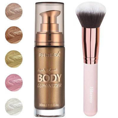 PHOERA Body Shimmer Oil,Waterproof Long Lasting Moisturizing Body Luminizer Glow Body Illuminator Highlighter for Face with Makup Bursh, 1ozJars (103 Glistening Bronze)