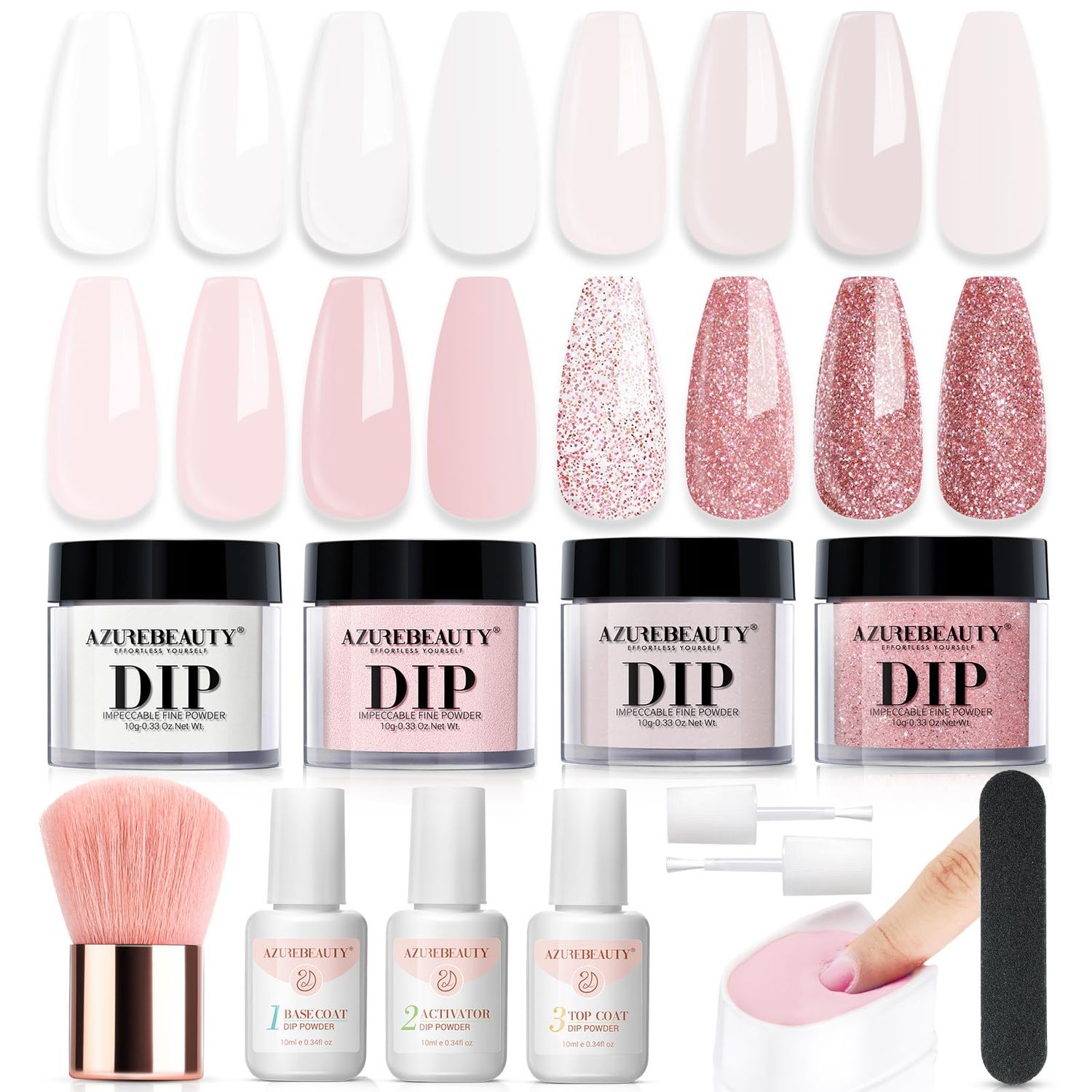 AZUREBEAUTY Dip Powder Nail Kit Starter, Transparent Nude Neutral Skin Pink Glitter, 4 Colors Dipping Powder Set All Seasons, French Nail Art Base Top Coat Activator Liquid Manicure DIY Salon 12 PCS