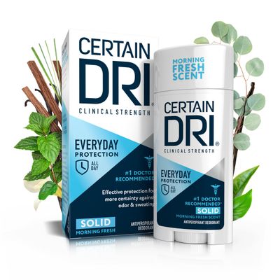 Certain Dri Everyday Strength Clinical Solid Antiperspirant, Hyperhidrosis Treatment for Men &amp; Women, Long-Lasting 72hr Protection, Effective Sweat Control, Travel Friendly, Fresh Scent, 2.6oz