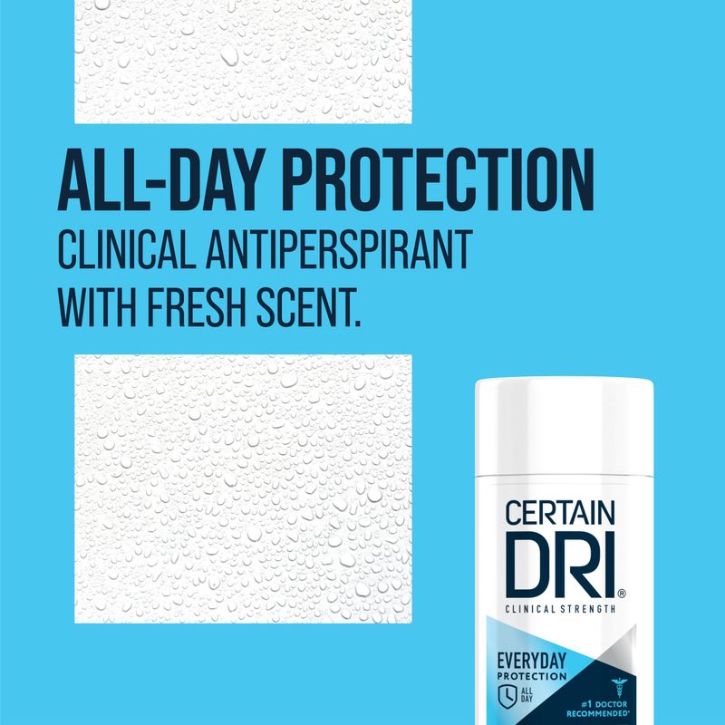 Certain Dri Everyday Strength Clinical Solid Antiperspirant, Hyperhidrosis Treatment for Men &amp; Women, Long-Lasting 72hr Protection, Effective Sweat Control, Travel Friendly, Fresh Scent, 2.6oz