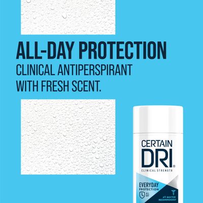 Certain Dri Everyday Strength Clinical Solid Antiperspirant, Hyperhidrosis Treatment for Men &amp; Women, Long-Lasting 72hr Protection, Effective Sweat Control, Travel Friendly, Fresh Scent, 2.6oz