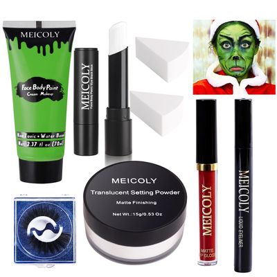 MEICOLY Christmas Makeup Kit,Christmas Green Face Paint Makeup,Wicked Witch Cosplay,Lime Green Face PaintWhite Face Paint StickBlack EyelinerRed Liquid LipsticksFalse EyelashSetting PowderSponge