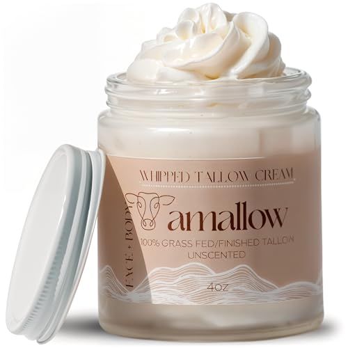 Amallow 100% Grass Fed Beef Tallow for Skin Care - Face  Body - Whipped Moisturizer for Sensitive Skin - Natural Lotion, 4 FL. oz. (Unscented)