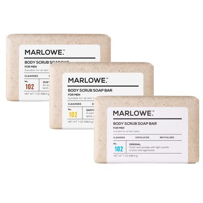 MARLOWE. No. 102 Men&#39;s Body Scrub Soap 7oz (Variety Trio) Best Exfoliating Body Soap Bars for Men, Made with Natural Ingredients, Green Tea Extract, Features 3 Amazing Scents