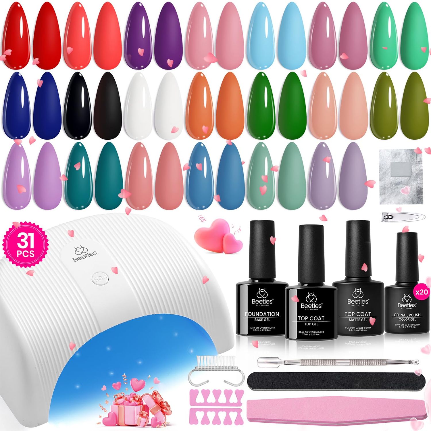 Beetles Gel Nail Polish Kit with UV Light - 31Pcs Nail Polish Set Popular Color Gel with Base and Matte&amp;Glossy Top Coat Soak Off All Season Gel Nail Set Nail Art Valentines Day Gifts for Women