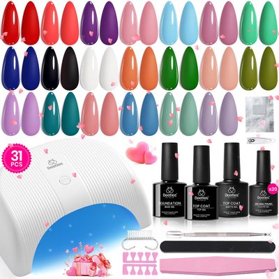 Beetles Gel Nail Polish Kit with UV Light - 31Pcs Nail Polish Set Popular Color Gel with Base and Matte&amp;Glossy Top Coat Soak Off All Season Gel Nail Set Nail Art Valentines Day Gifts for Women