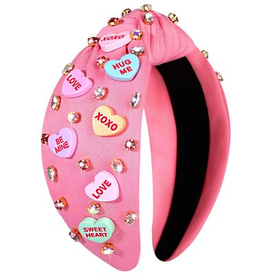 NVENF Valentines Day Headband for Women Love Heart Headband Jeweled Crystal Rhinestone Knotted Headband Red Pink Wide Top Knot Headband Valentines Day Hair Accessories Gifts (Letter 1 - Pink)