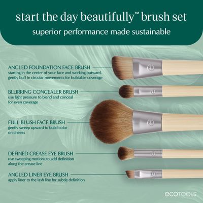 EcoTools Start The Day Beautifully 6 Piece Makeup Brush Set, Makeup Brushes For Eyeshadow, Blush, Concealer, &amp; Foundation Application, Eco-Friendly, Gift Set, Synthetic Hair, Vegan &amp; Cruelty-Free