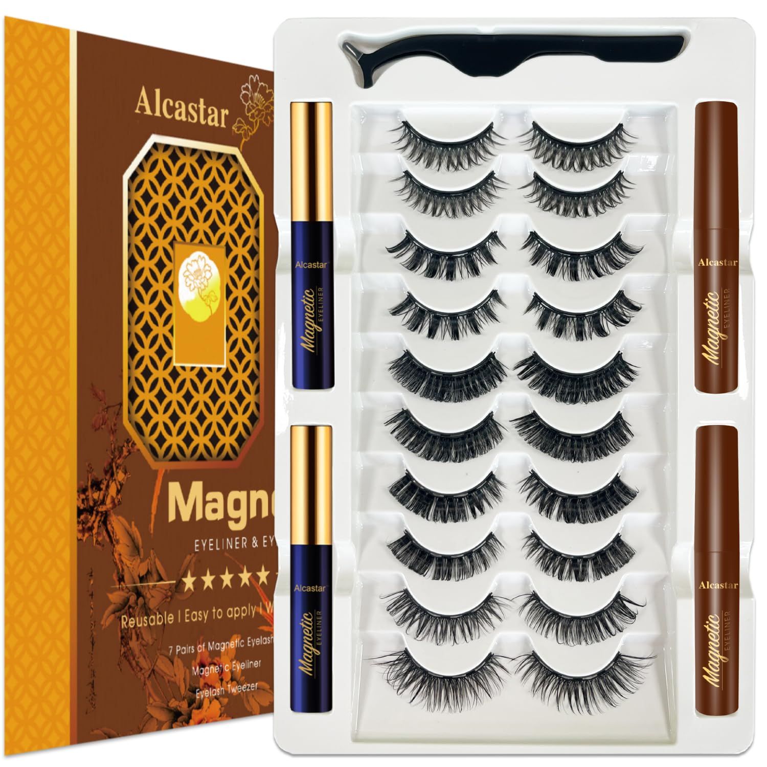 Alcastar Magnetic Lashes Natural Looking with Eyeliner,Magnetic Eyelash With Applicator,Waterproof, Long Lasting,Cruelty Free.2 black2brown)