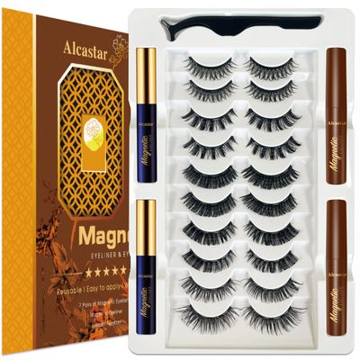 Alcastar Magnetic Lashes Natural Looking with Eyeliner,Magnetic Eyelash With Applicator,Waterproof, Long Lasting,Cruelty Free.2 black2brown)