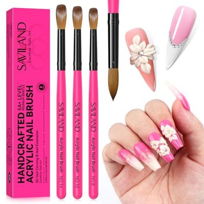 SAVILAND Acrylic Nail Brushes Set Sizes 8, 10, 14 Nail Brushes for Professional Acrylic Powder Applications, Nails Extension, 3D Carving for Home Salon DIY Nail Art Brush Manicure Acrylic Tools Pink