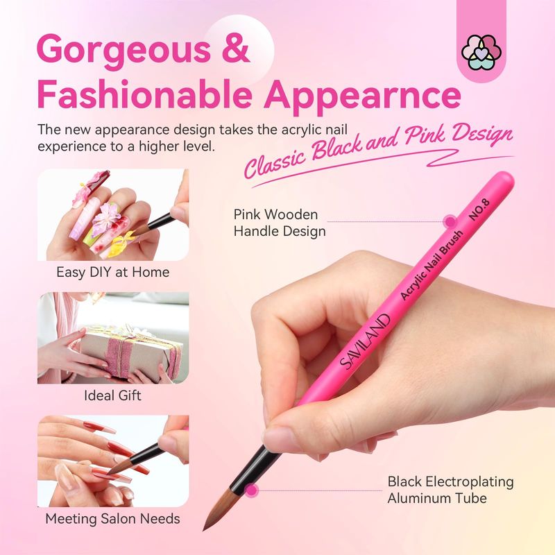 SAVILAND Acrylic Nail Brushes Set Sizes 8, 10, 14 Nail Brushes for Professional Acrylic Powder Applications, Nails Extension, 3D Carving for Home Salon DIY Nail Art Brush Manicure Acrylic Tools Pink