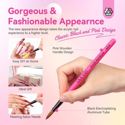 SAVILAND Acrylic Nail Brushes Set Sizes 8, 10, 14 Nail Brushes for Professional Acrylic Powder Applications, Nails Extension, 3D Carving for Home Salon DIY Nail Art Brush Manicure Acrylic Tools Pink