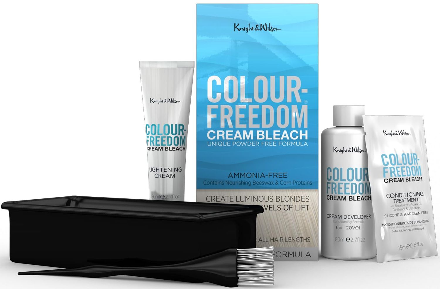 Knight &amp; Wilson Color-Freedom Cream Hair Bleach Kit. Ammonia-Free Formula Lifts up to 8 Shades. Protects &amp; Repairs While Lightening. Complete Hair Bleaching kit with Tint Bowl, Brush, Gloves &amp; Cap