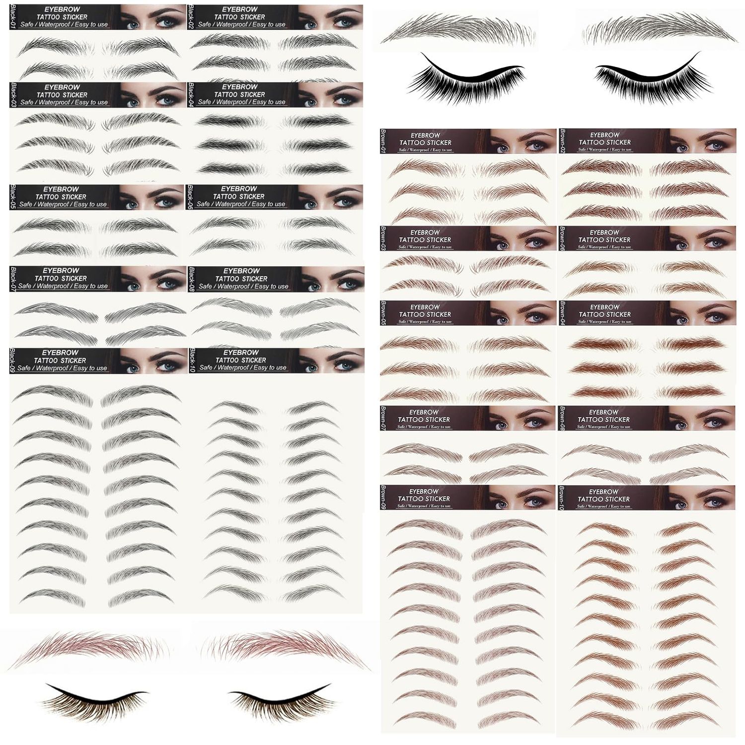 20 Sheets 196 Pairs Eyebrow Tattoo Stickers 4D Stickers Eyebrow Transfers Stickers Peel off Eyebrow Grooming Shaping Makeup Sticker for Women Girls Brown and Black