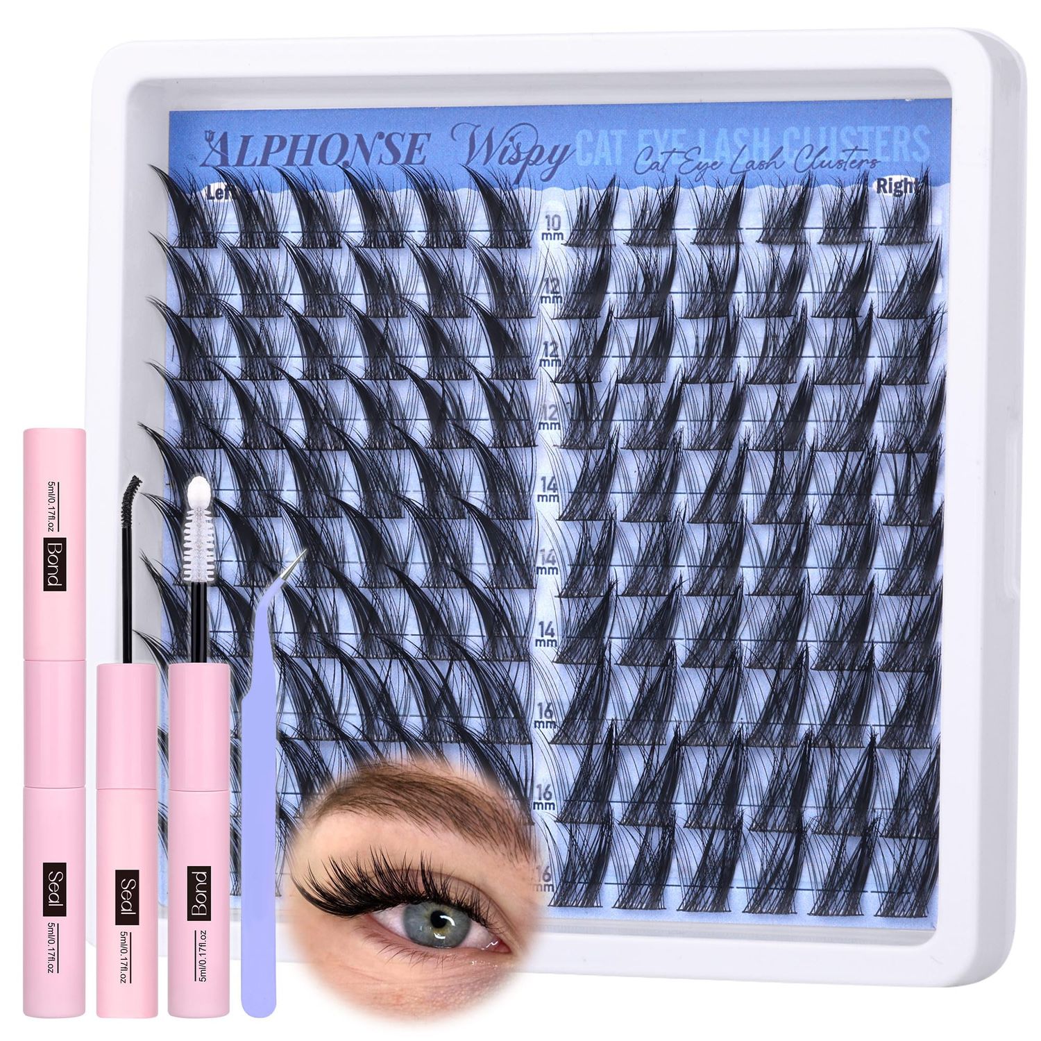 Cat Eye Lash Clusters Kit Wispy Cluster Eyelash Extensions Kit 10-16mm Individual Lashes Clusters Natural DIY Lash Extension Kit for Beginners with Lash Bond and Seal by ALPHONSE