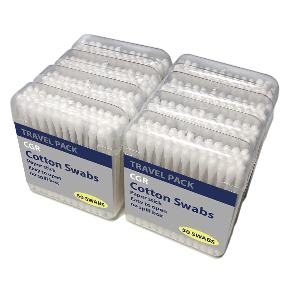 400pcs CGR Organic Cotton Swabs, 100% Cotton Double-Tipped, White Paper Sticks(compostable), Travel Pack(8 Pack of 50 Swabs Total)