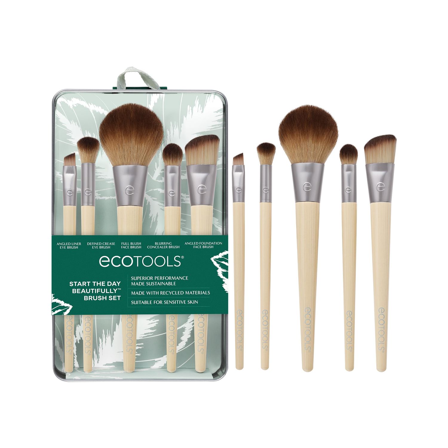 EcoTools Start The Day Beautifully 6 Piece Makeup Brush Set, Makeup Brushes For Eyeshadow, Blush, Concealer, &amp; Foundation Application, Eco-Friendly, Gift Set, Synthetic Hair, Vegan &amp; Cruelty-Free