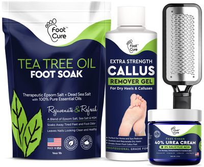 Foot Cure Foot Care Exfoliator &amp; Callus Remover Pedicure Set - Includes Foot File for Dead Skin, Tea Tree Oil Foot Soak Salts, Urea Cream 40 Percent &amp; Foot Callus Removal Gel - Made in USA