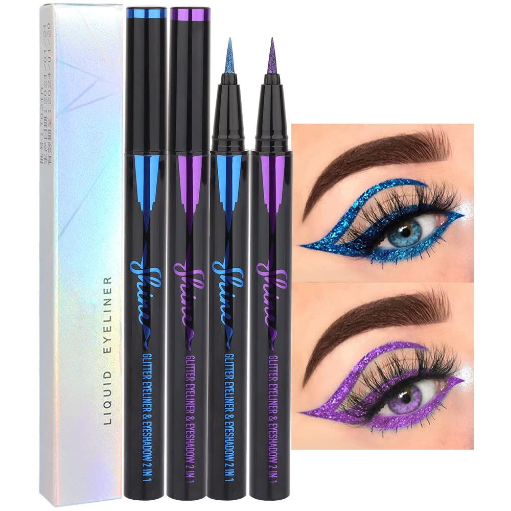 evpct 2Pcs Metallic Royal Blue &amp; Purple Glitter Glittering Diamond Liquid Eyeliner Eye Makeup Pencil Set, Sparkle Shimmer Colored Eyeliner Pen Waterproof Smudge Proof Long Lasting High Pigmented